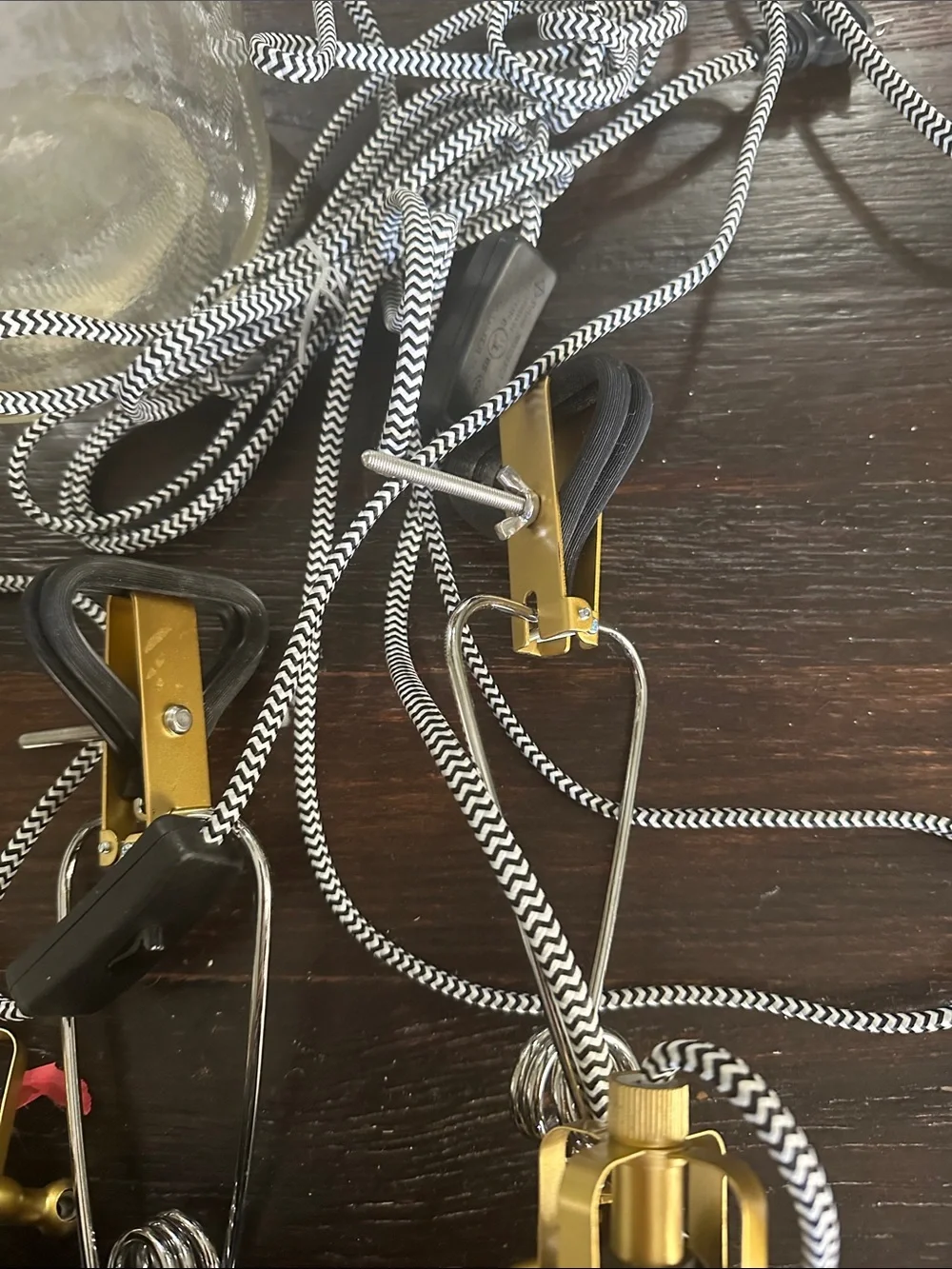 Black and White IKEA Clip-On Pendant Lamps with Gold Accents Pair